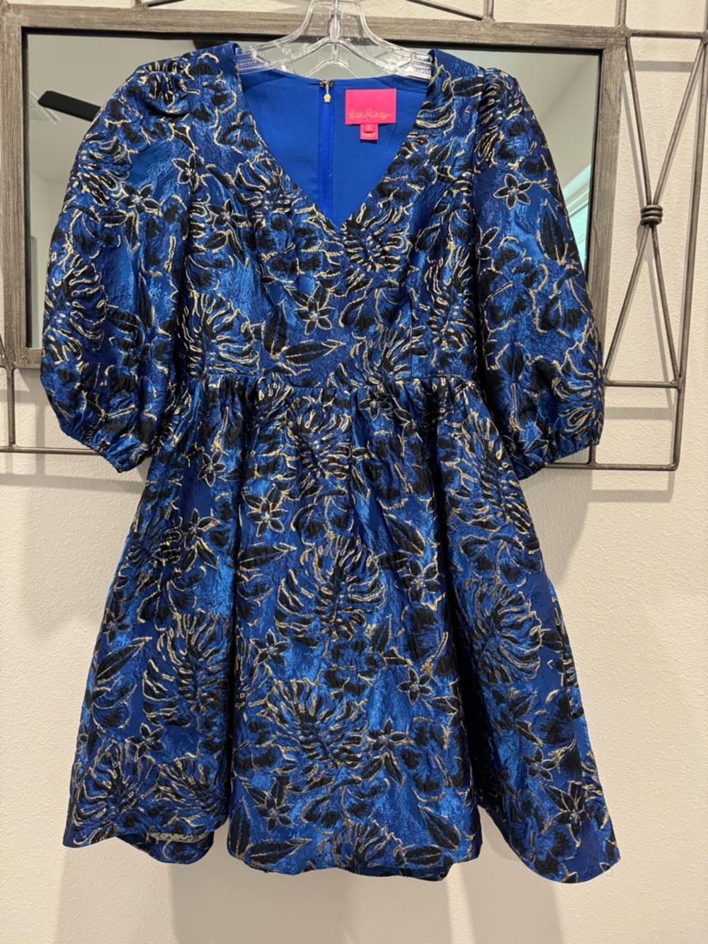 Lilly Pulitzer Blue Metallic Floral Puff-Sleeve Dress